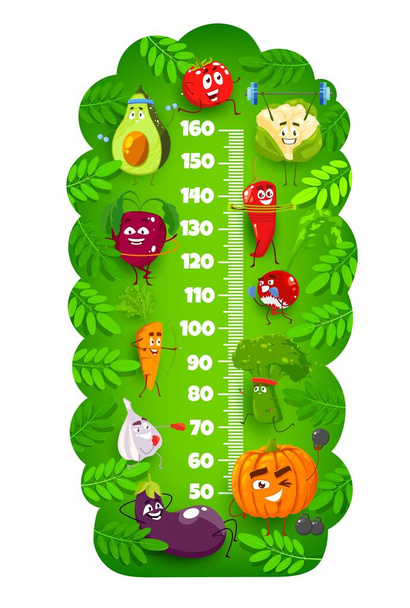 Диаграмма роста детей с линейкой счетчика роста овощей для фитнес-мультфильмов. Векторные смешные помидоры, морковь, чеснок и редис, авокадо и брокколи, баклажаны и овощи цветной капусты делают спортивные упражнения - Вектор,изображение