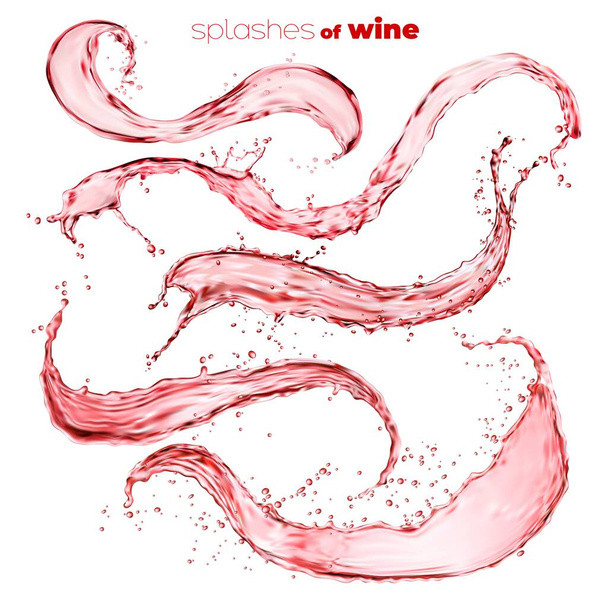 赤ジュースやワインの波とドロップで流れ、孤立したワインスプラッシュ渦。ベクトル液体アルコールまたはさわやかなドリンクスプラッシュセット、スプレー液滴と動的運動要素、現実的な3D飲料 - ベクター画像