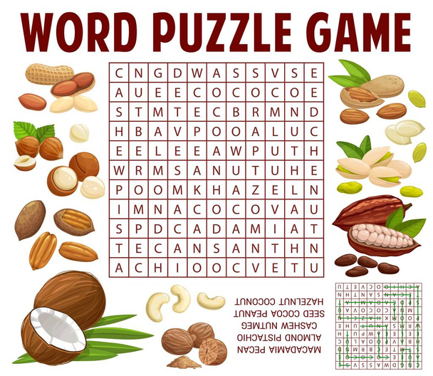 Nuts and kernels word search puzzle játék vektor munkalap. Gyerek kvíz rács vagy oktatási rejtvény rajzfilm dió élelmiszer, mogyoró, mandula, pisztácia és mogyoró, szerecsendió, kókusz, kesudió és makadámia - Vektor, kép
