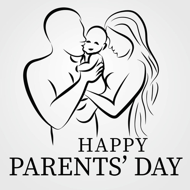 幸せな親の日。子供を抱いたり、抱っこしたり、抱きかかえたり、キスしたりする若い男女のイラスト。若いカップルや親からの子供への思いやりと愛のベクトル。幸せな家庭のコンセプト - ベクター画像