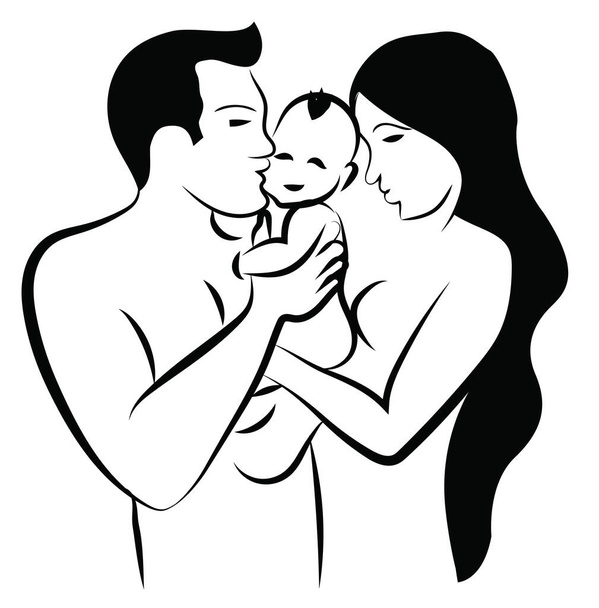 Διάνυσμα ευτυχισμένης οικογένειας με παιδί στην αγκαλιά. Απεικόνιση του πατέρα να φιλάει το μωρό και τη μητέρα να αγκαλιάζονται. Αγάπη για τα παιδιά. Γραμμική τέχνη της αγάπης των γονιών για ένα παιδί. Ευτυχισμένοι γονείς εικονίδιο ημέρας - Διάνυσμα, εικόνα