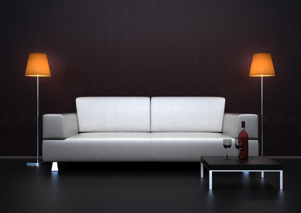 Sofá blanco con dos lámparas
 - Foto, Imagen
