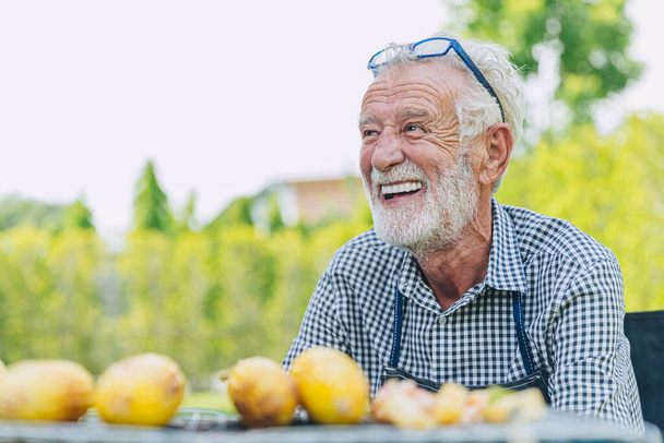 onnellinen iäkäs mies terve vanhempi luottavainen hymy puistossa ulkona kauniit valkoiset hampaat proteesit. - Valokuva, kuva