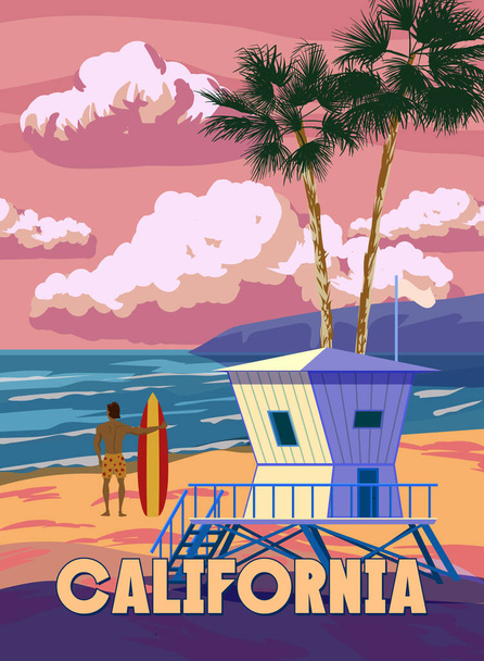 California Retro Poster. Rettungsschwimmerhaus am Strand, Surfer, Palme, Küste, Brandung, Meer. Vektorillustration Jahrgang - Vektor, Bild