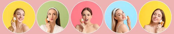 Beautiful young women massaging face with brush on colorful background - 写真・画像