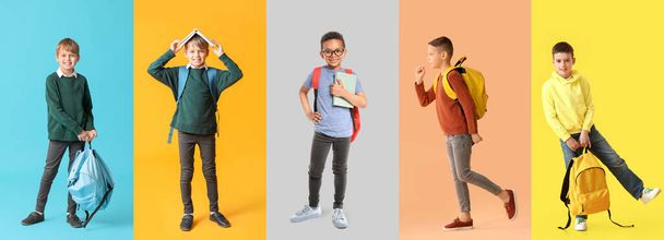 Set of cute schoolboys on colorful background - Photo, Image