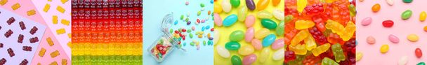 Collage con muchos caramelos y dulces diferentes - Foto, Imagen