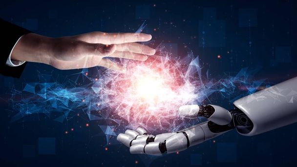 Futuristische Roboter-künstliche Intelligenz, die die Entwicklung von KI-Technologien und das Konzept des maschinellen Lernens fördert. Globale robotische bionische Forschung für die Zukunft des menschlichen Lebens. 3D-Rendergrafik. - Foto, Bild
