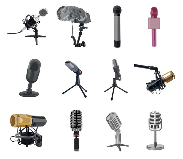 Set van verschillende moderne microfoons op witte achtergrond - Vector, afbeelding