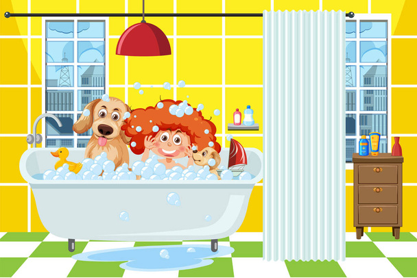 Дети играют в пузырьки на иллюстрации ванны - Вектор,изображение
