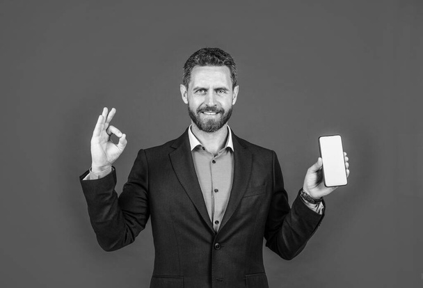 successful male ceo. confidence and success. office worker use phone. ok gesture. mature bearded businessman in suit presenting product. confident guy hold smartphone. business communication. - Фото, зображення