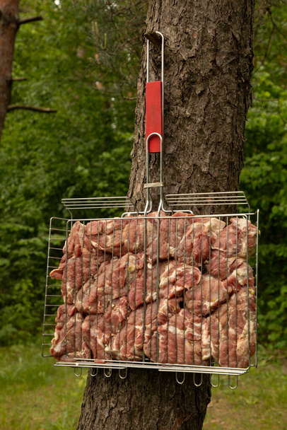 Cut into pieces and laid in a metal mesh, fresh meat is prepared for frying in nature and hangs on a tree. High quality photo - Photo, Image