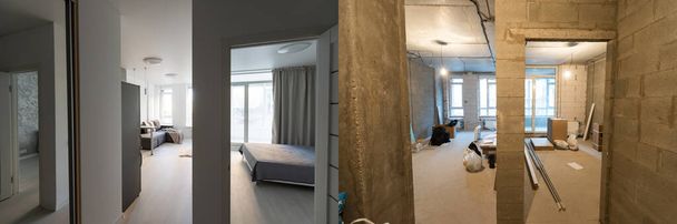 Összehasonlítása szoba egy lakásban előtt és után felújítás új ház. Kiváló minőségű fénykép - Fotó, kép