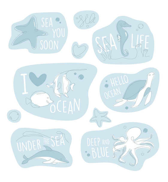 Egy soros matrica a tengeri élőlényekről. Víz alatti körvonalazódó állatok emblémája. Vonalművészet óceán és tenger élet betűk gyűjtemény - Vektor, kép