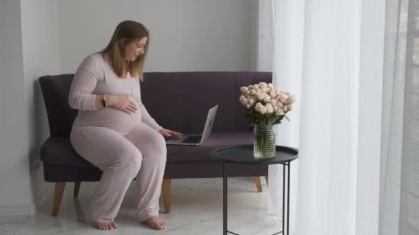 Έγκυος γυναίκα σε άδεια μητρότητας Ελεύθερος επαγγελματίας που εργάζονται με Laptop στον καναπέ στο σπίτι, Μπουκέτο με λουλούδια τριαντάφυλλο στο προσκήνιο - Πλάνα, βίντεο
