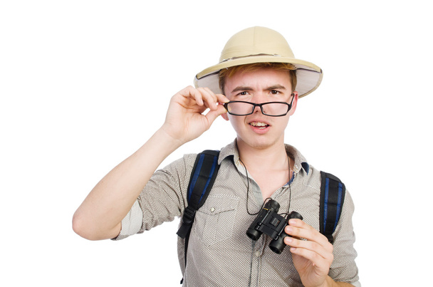 Człowiek w kapeluszu safari w koncepcji polowania - Zdjęcie, obraz