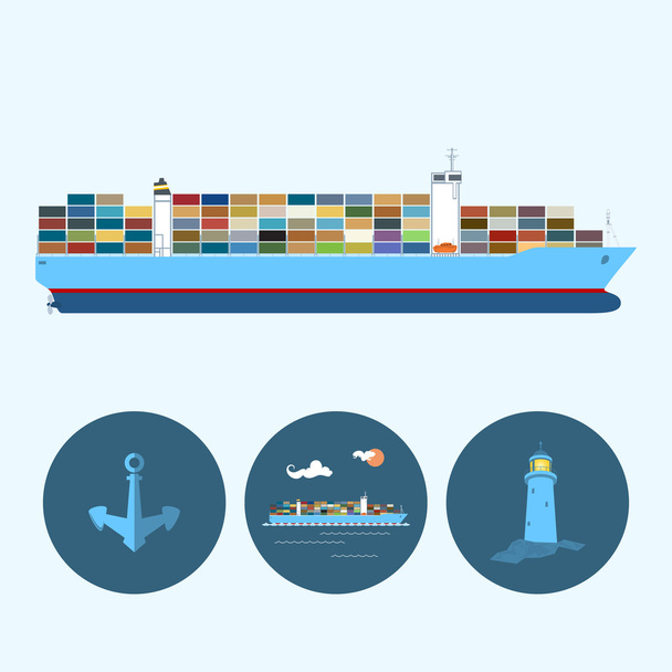 Set met anker, vuurtoren en Cargo containerschip, vector illustratie - Vector, afbeelding