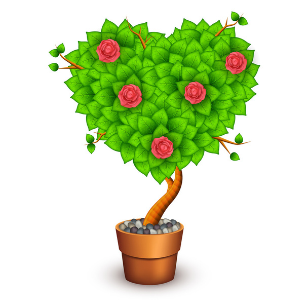 isolierter Baum mit Blumen im Tontopf. Herzform - Vektor, Bild