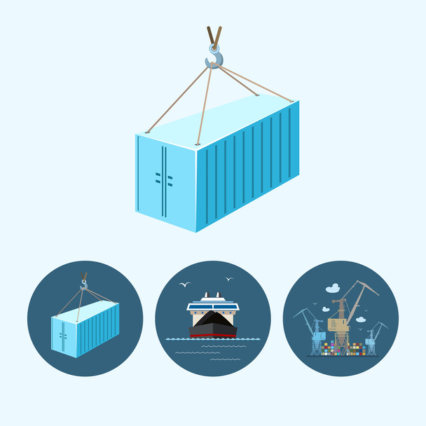 Set icone con container, nave da carico a secco, gru con container in banchina, illustrazione vettoriale
 - Vettoriali, immagini