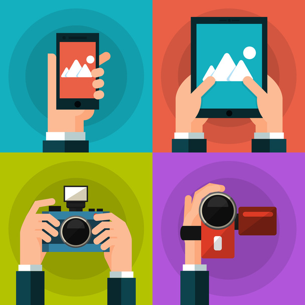 Set of hands holding smart phone, tablet, video and photo camera. Flat style - Vector, Image