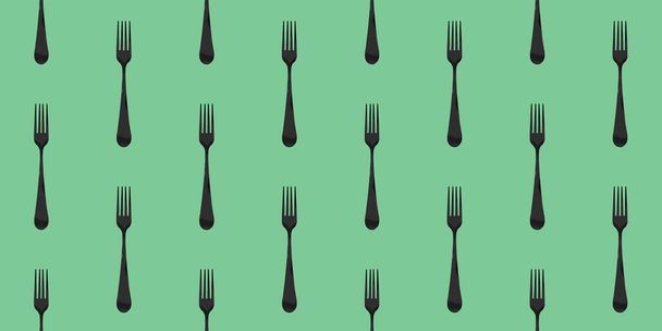 pattern. Fork top view on pastel green background. Template for applying to surface. Horizontal image. Banner for insertion into site. Flat lay. 3D image. 3D rendering. - 写真・画像