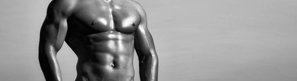 Banner templates with muscular man, muscular torso, six pack abs muscle. Black and white. Muscle body of strong man - Fotografie, Obrázek