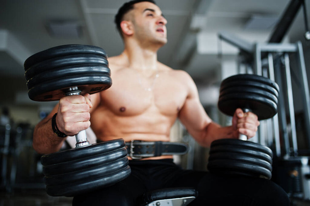 Muscular arab man training in with dumbbells modern gym. Fitness arabian men with naked torso doing workout . - Foto, Imagem
