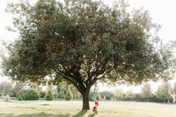 Fitness ćwiczenia rozciągające przed treningiem. Sport dziewczyna stoi na głowie w pobliżu drzewa w parku - Zdjęcie, obraz