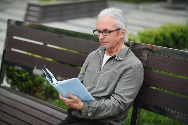 Portrait of senior man reading on bench during summer day - Foto, afbeelding