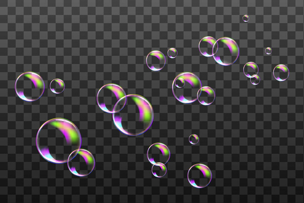 Reaistic colored balls.Vector texture.Set of transparent soap bubbles on checkered background. - Vector, Image