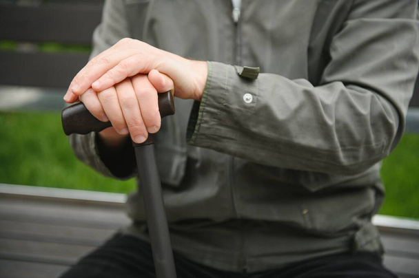 Portrait of senior man holding walking stick while resting in park - Foto, Imagem