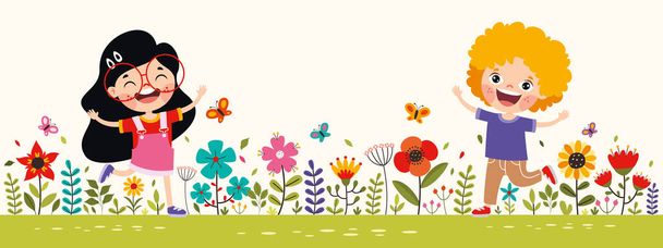 Renkli Çiçeklerle Oynayan Çocuklar - Vektör, Görsel