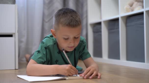 Boy draws while watching a lesson on the phone - Footage, Video