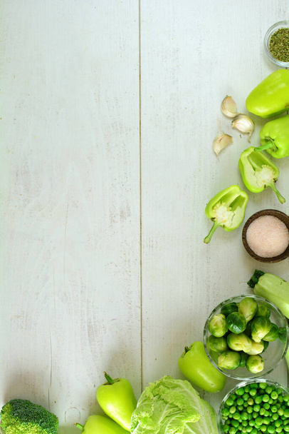 Fresh Green Vegetables on White Wooden Background  - Foto, Imagem