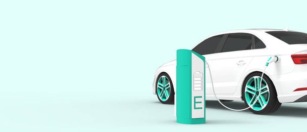 Электромобиль Энергосбережение. EV зарядная станция для эко-электростанции и устойчивая концепция на синем фоне. дружеский, электрический заряд, зарядка- 3d рендеринг - Фото, изображение