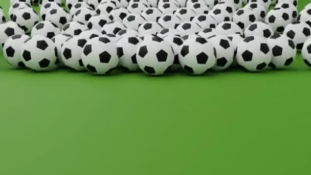spousta krásných fotbalových míčků se otáčí na zelené obrazovce, 3D animace - Záběry, video
