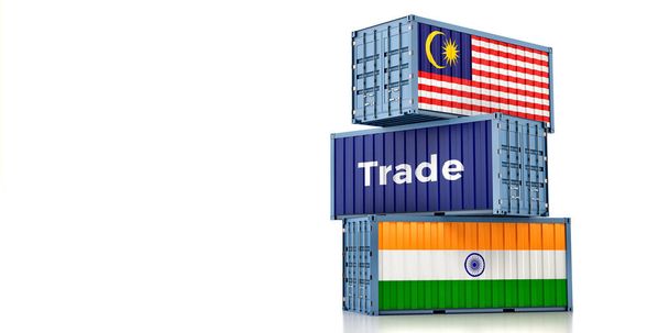 Nákladní kontejnery s malajskými a indickými národními vlajkami. 3D vykreslování - Fotografie, Obrázek