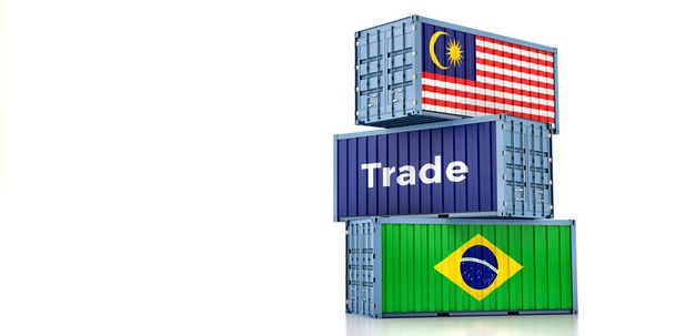 Cargo containers with Malaysia and Brazil national flags. 3D Rendering - Foto, afbeelding