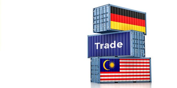 Грузовые контейнеры с национальными флагами Малайзии и Германии. 3D рендеринг - Фото, изображение