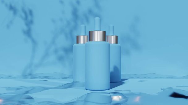 Achtergrond voor de presentatie van cosmetica. Drie blauwe flessen gezichtsolie op een blauwe achtergrond met water, met een schaduw van de bladeren. Cosmetica 3D renderen. Mock-up voor cosmetica. 3D-weergave. - Foto, afbeelding