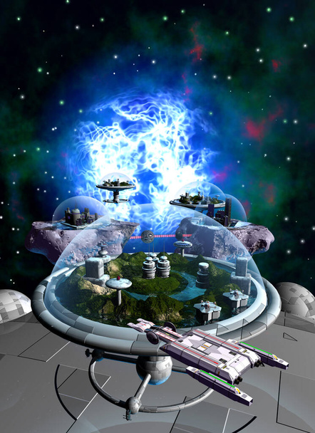 διαστημόπλοια και διαστημική βάση στο διάστημα, στο παρασκήνιο ένα νεφέλωμα και σκοτεινό ουρανό με αστέρια, 3D εικονογράφηση - Φωτογραφία, εικόνα
