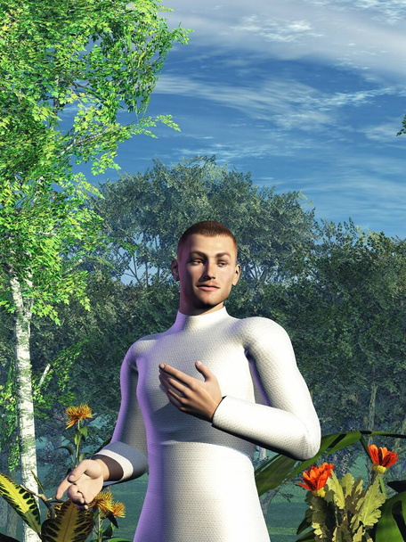 hombre con una túnica blanca explorando un planeta alienígena con plantas y flores, 3d rendering - Foto, imagen