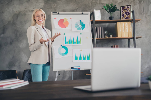 Photo of attractive business lady white board graphics speak communicate partners web camera workplace indoors. - Φωτογραφία, εικόνα