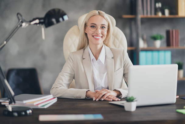 Portrait of positive pretty lawyer lady sitting chair toothy smile modern loft office building inside. - Foto, afbeelding