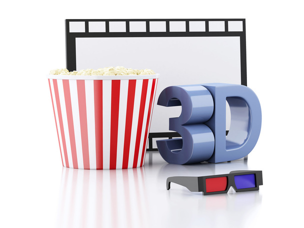 popcorn, film reel and 3d glasses. 3d illustration - Φωτογραφία, εικόνα