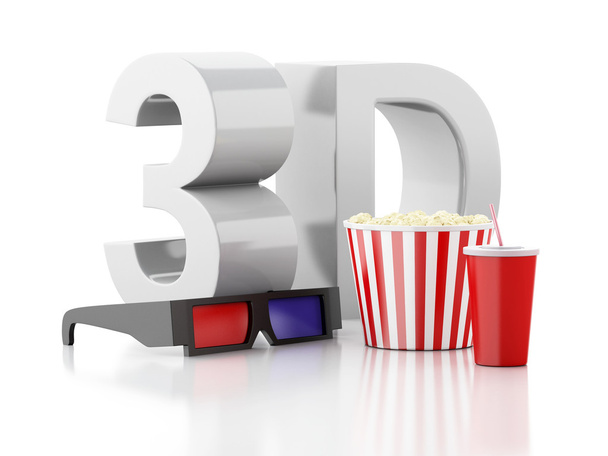 popcorn, drink and 3d glasses. 3d illustration - 写真・画像