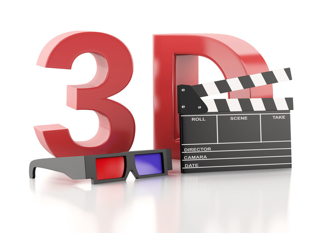 cinema clapper and 3d glasses. 3d illustration - Foto, imagen