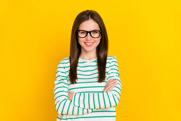 Portrait of cool charming young businesswoman own company working as ceo isolated on yellow color background. - Φωτογραφία, εικόνα