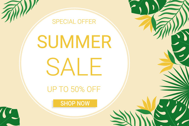Summer sale banner template with tropical leaves and flowers.  - Vektor, obrázek