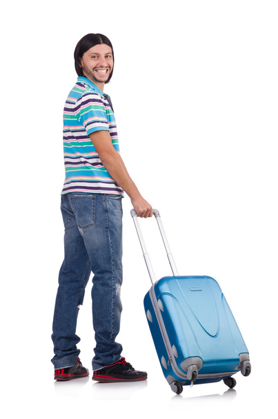 Młody człowiek podróżujący z walizkami odizolowanymi na biało - Zdjęcie, obraz